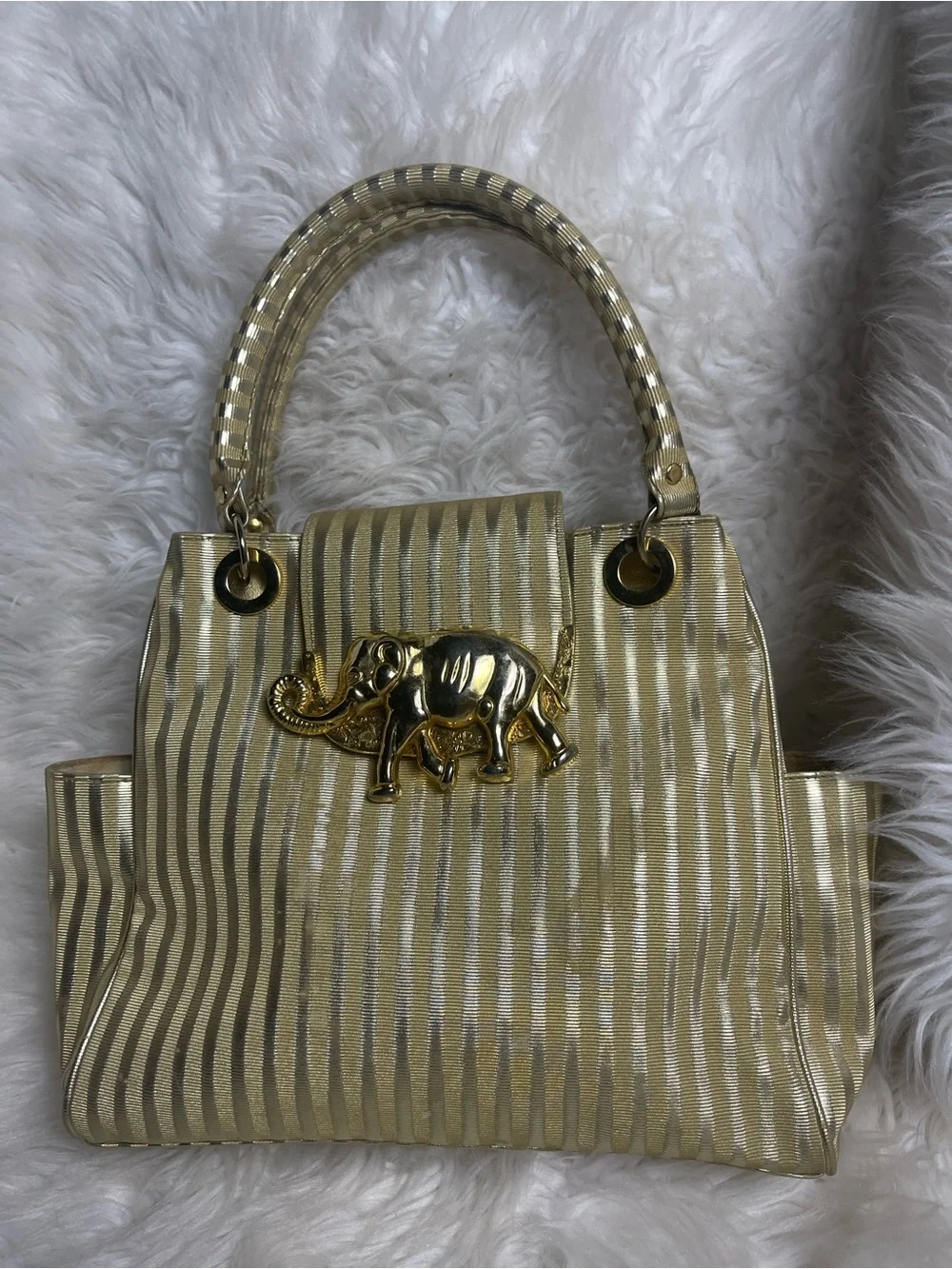Gold Striped coated fabric Satchel Gold tone Elephant-Embellished